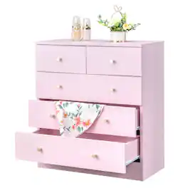Winado - Modern 5 Drawer Dresser Tall Dresser Chest of Drawers Anti-Tipping Device Metal Handle for Bedroom Living Room Hallway - Pink