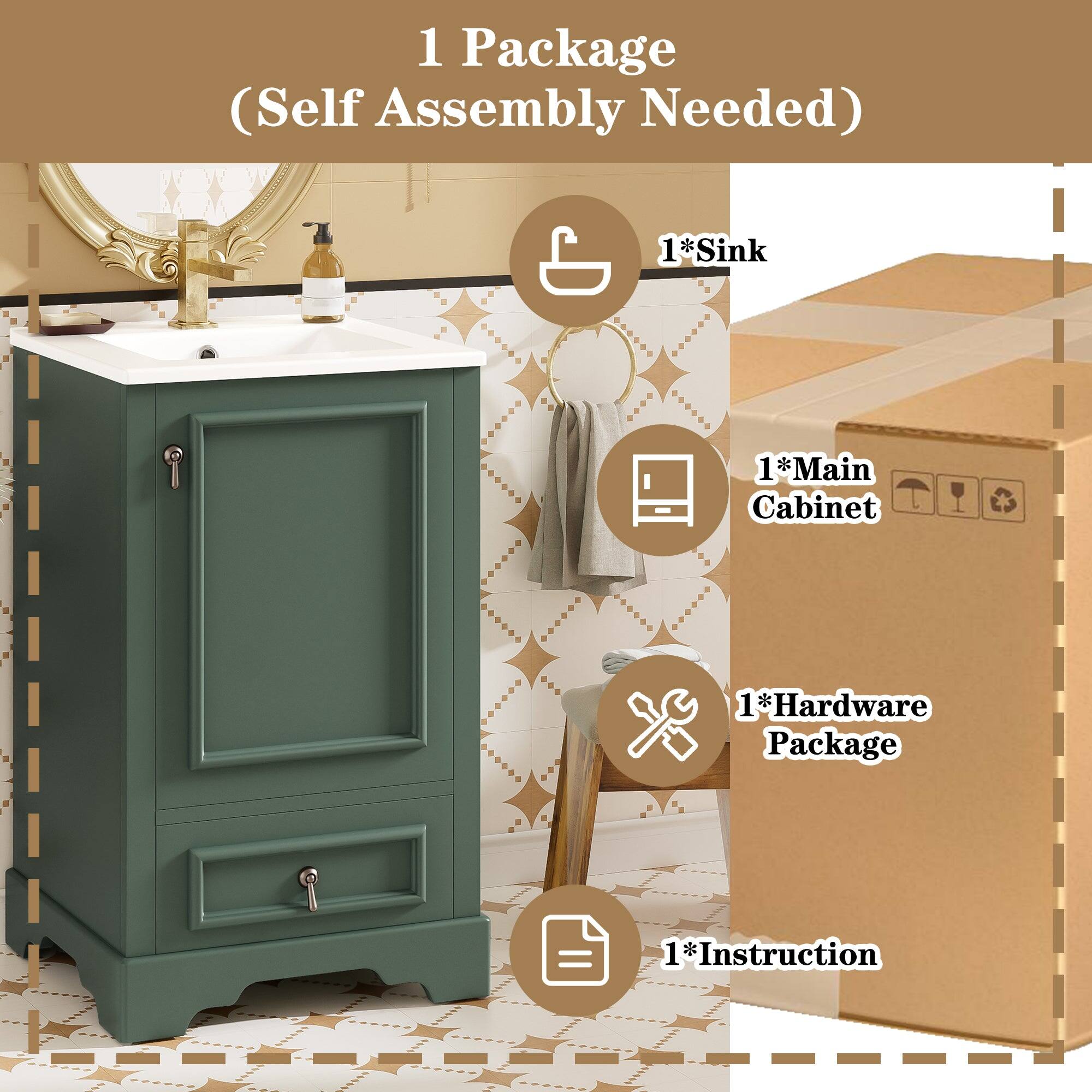 1 Package (Self Assembly Needed)

1*Sink  
1*Main Cabinet  
1*Hardware Package  
1*Instruction