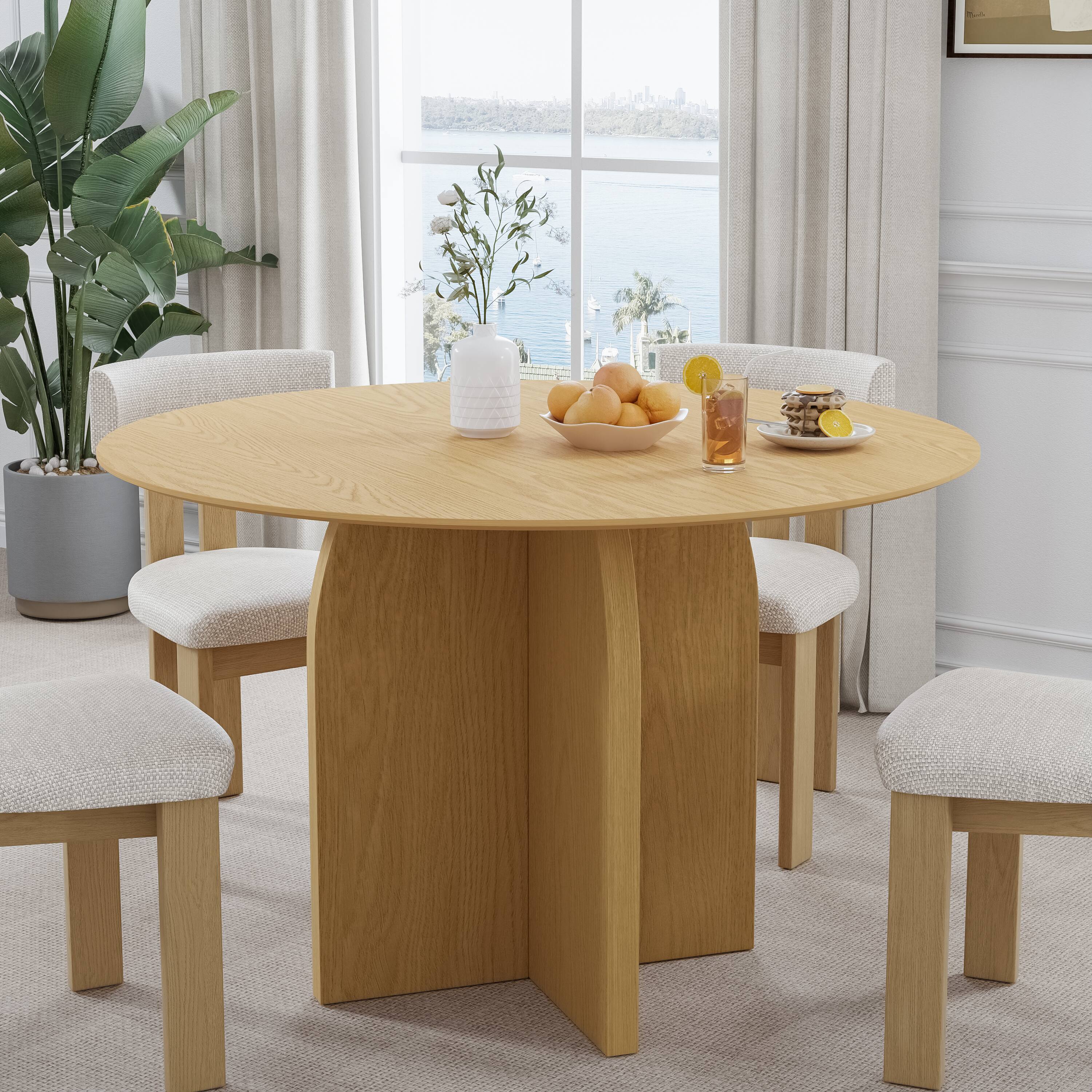 Alt View 1. Lirago - 45in. Arched Leg Round Dining Table Natural Finish Solid Wood Timeless Style,Seats 7 People - Beige.