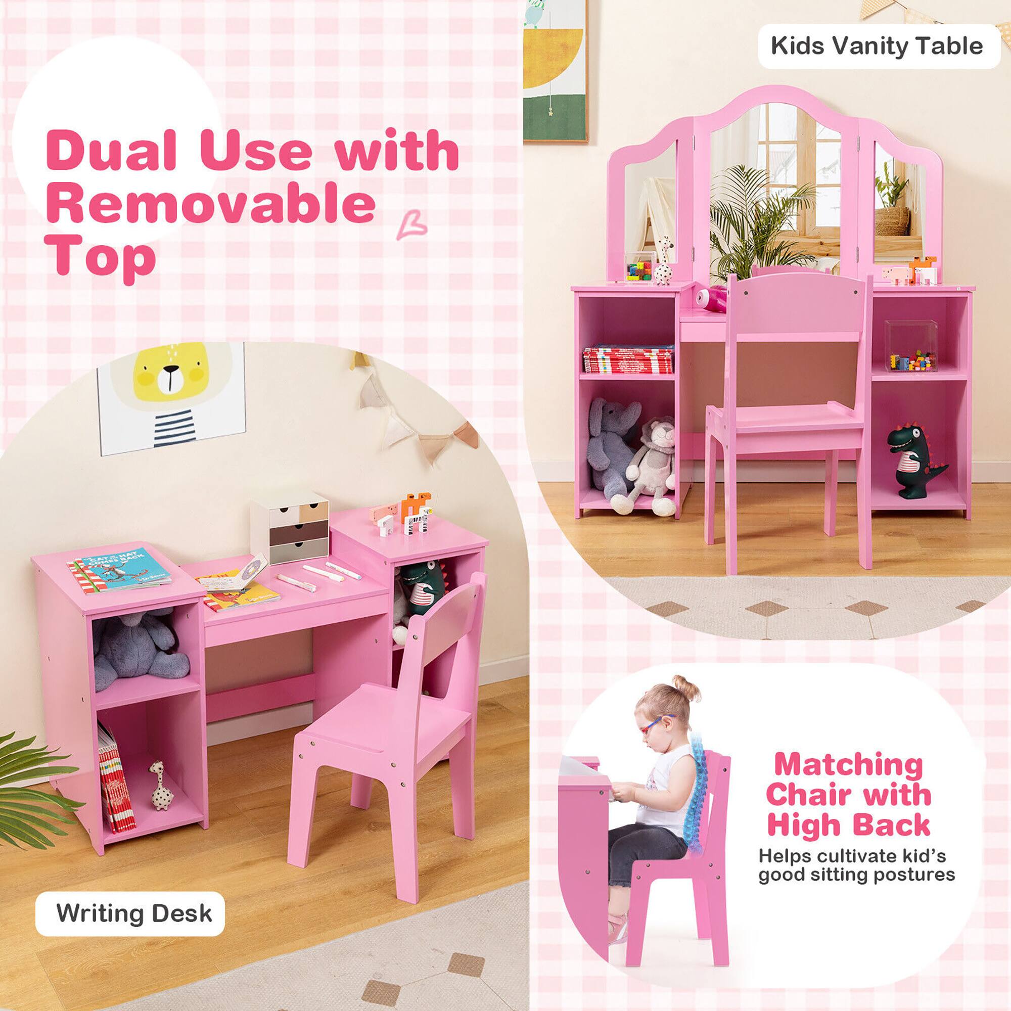 Dual Use with Removable Top

Kids Vanity Table

Writing Desk

Matching Chair with High Back
Helps cultivate kid's good sitting postures