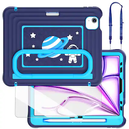 Front. Dteck - Kids Shockproof Case for Apple iPad Air (M4) 11" 2026/2025/2024 & Pro 11 2022 with Pencil Holder,Heavy Duty Stand Cover - Darkblue.
