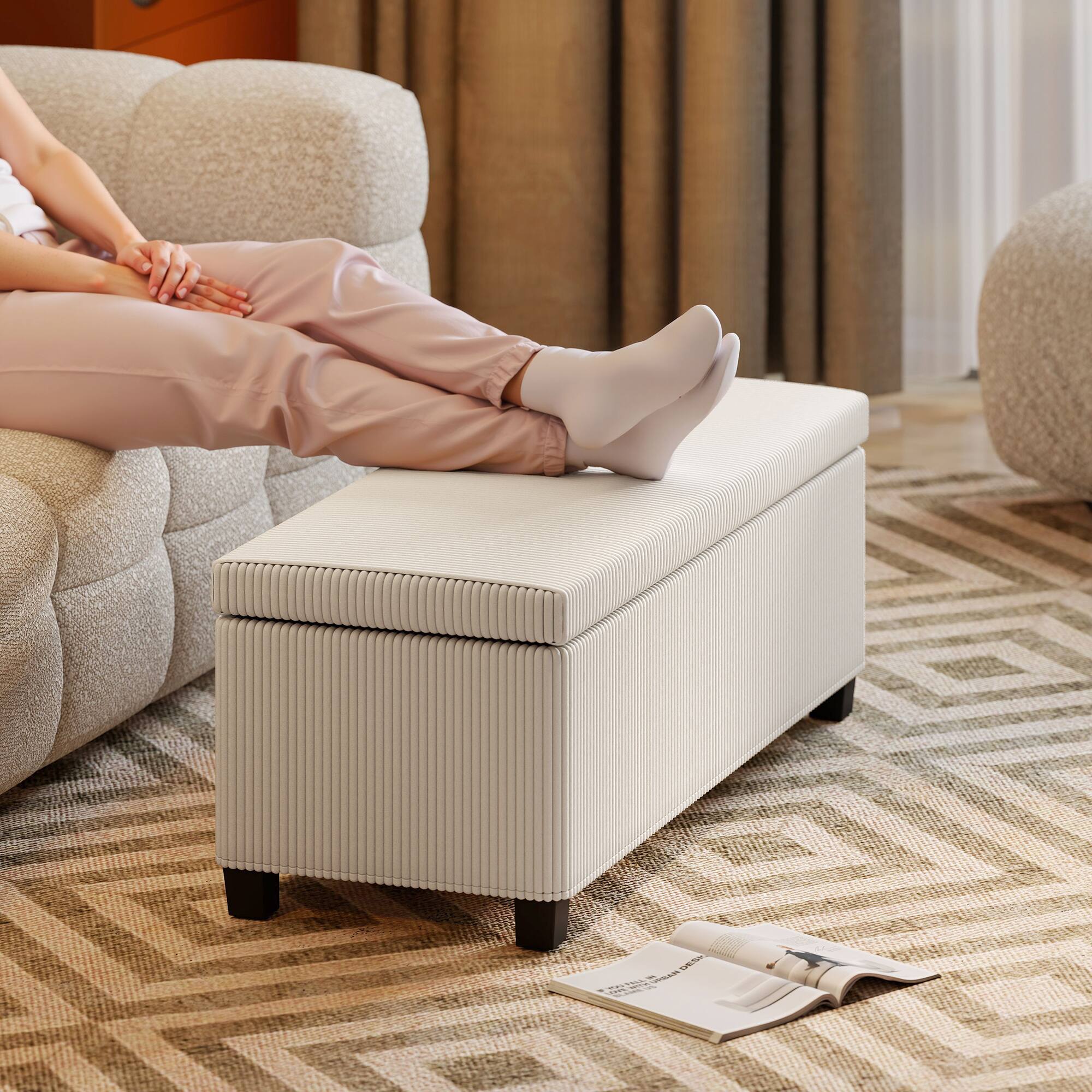 Alt View 7. Homcom - Inches Ottoman with Storage, Lid, Legs, Corduroy End of Bed Bench for Living Room, Bedroom - Beige.