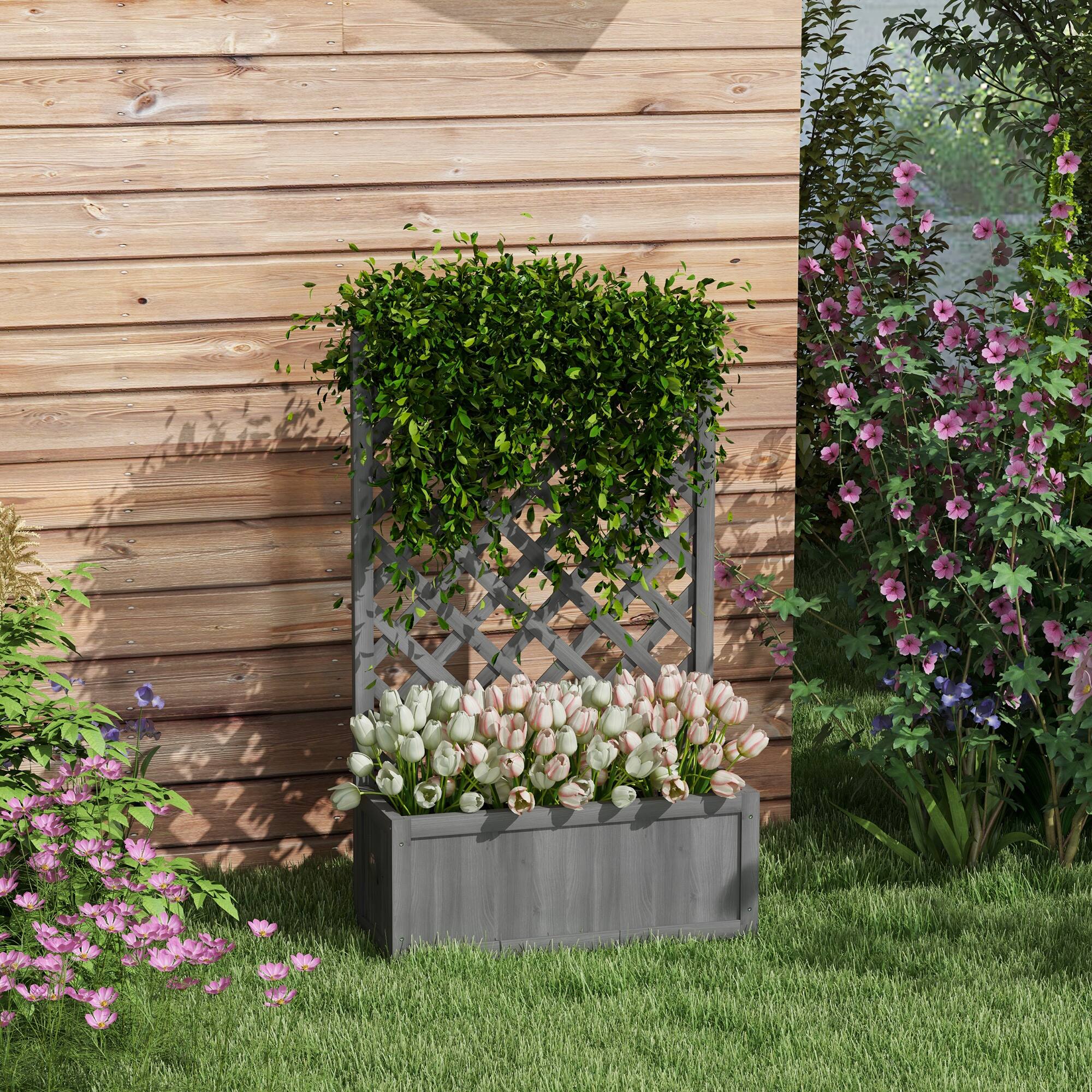 Alt View 1. Outsunny - Wooden Raised Garden Bed with Trellis, 46" Planter Box, to Grow Vegetables, Herbs, and Flowers for Backyard, Patio - Gray.