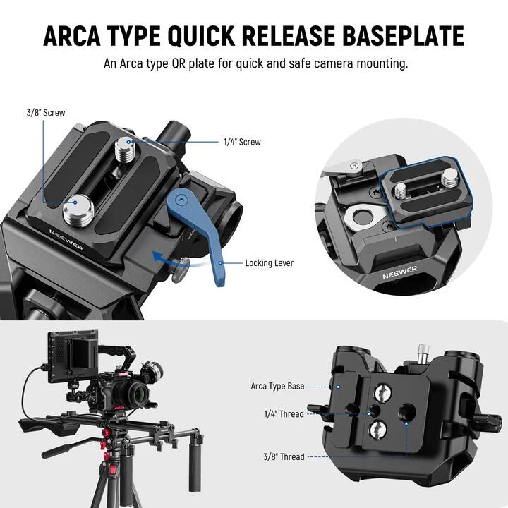 ARCA TYPE QUICK RELEASE BASEPLATE

An Arca type QR plate for quick and safe camera mounting.

3/8" Screw
1/4" Screw
NEEWER Locking Lever
NEEWER Arca Type Base
1/4" Thread
3/8" Thread