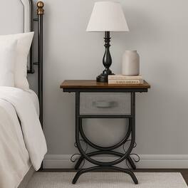 Hivvago - Metal Frame Side Table with Carved Design and Fabric Storage - Black & Grey