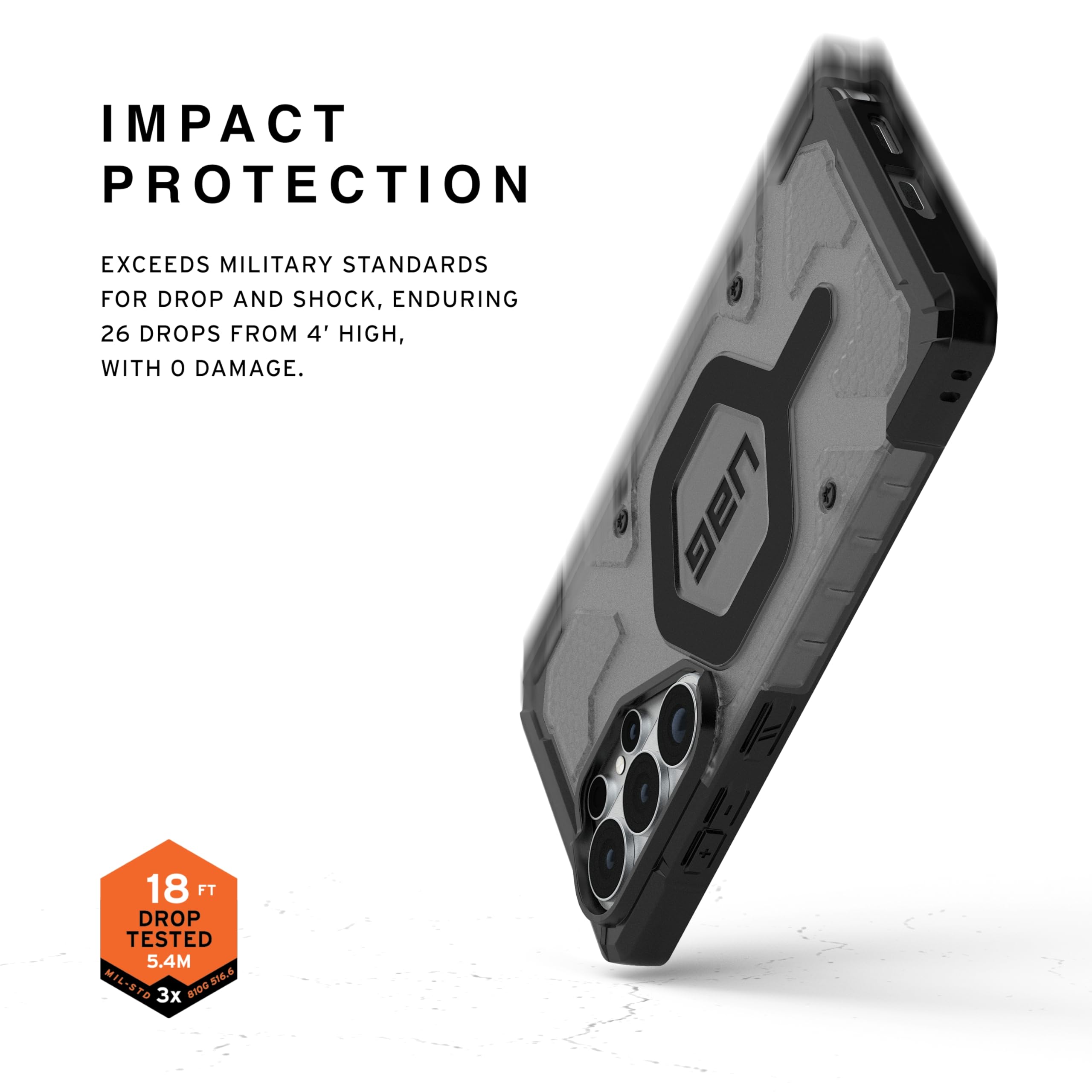 IMPACT PROTECTION

EXCEEDS MILITARY STANDARDS FOR DROP AND SHOCK, ENDURING 26 DROPS FROM 4' HIGH, WITH 0 DAMAGE.

UAG 18 FT DROP TESTED 5.4M MIL-STD 8100.536.6 216.6 3x B1D0
