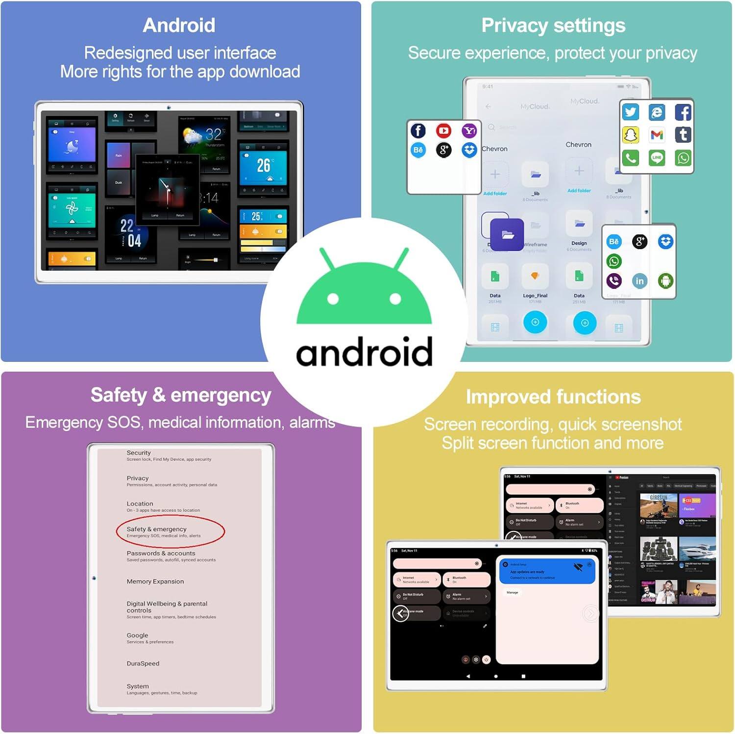 Android  
Redesigned user interface  
More rights for the app download  

Privacy settings  
Secure experience, protect your privacy  

Safety & emergency  
Emergency SOS, medical information, alarms  

Improved functions  
Screen recording, quick screenshot  
Split screen function and more  

- Security  
- Privacy  
- Location  
- Safety & emergency  
- Passwords & accounts  
- Memory Expansion  
- Digital Wellbeing & parental controls  
- Google  
- DuraSpeed  
- System  

- Languages, gestures, time, backup