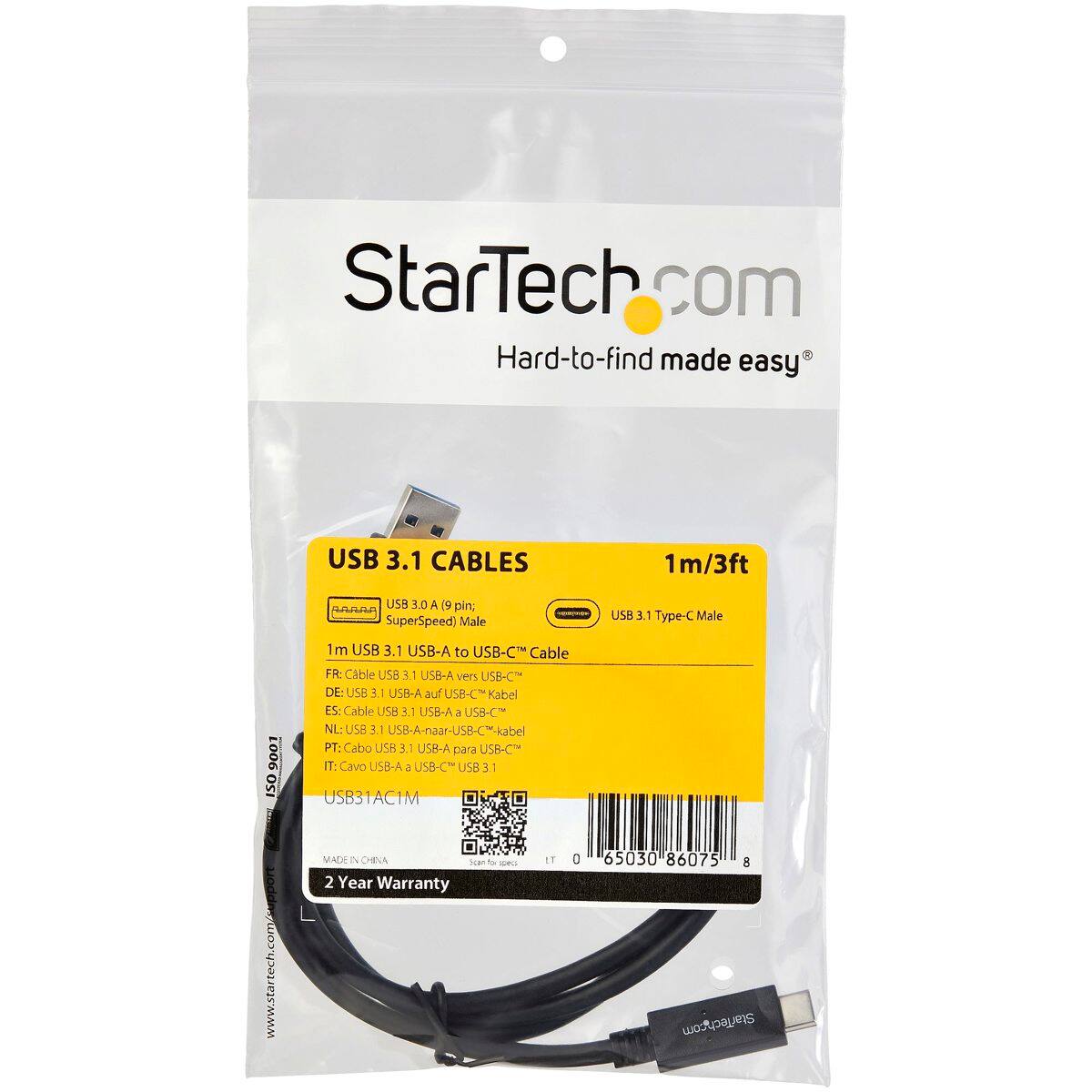 StarTech.com  
Hard-to-find made easy

USB 3.1 CABLES  
1m/3ft  
USB 3.0 A (9 pin; SuperSpeed) Male  
USB 3.1 Type-C Male

9001 PRODUCTIONS ISO

1m USB 3.1 USB-A to USB-C Cable  
FR: Cable USB 3.1 USB-A vers USB-C  
DE: USB 3.1 USB-A auf USB-C  
NL: USB 3.1 kabel  
PT: Cabo USB 3.1 USB-A para USB-C  
IT: Cavo USB-A 2 USB-C™ USB 3.1  
USB31AC1M

MADE IN CHINA  
2 Year Warranty

0 65030 86075 8