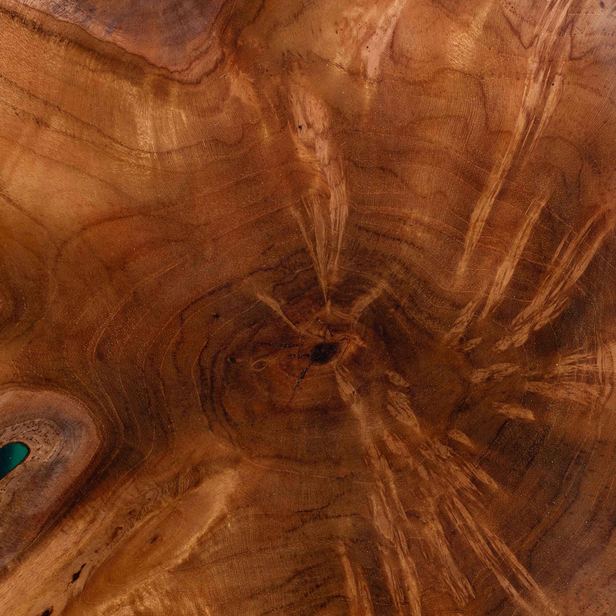 Alt View 2. bali & pari - Anan Teak Wood Epoxy Resin End Table - Round Live Edge Side Table with Black Metal Legs, Handcrafted, Round - Natural Brown/Green.