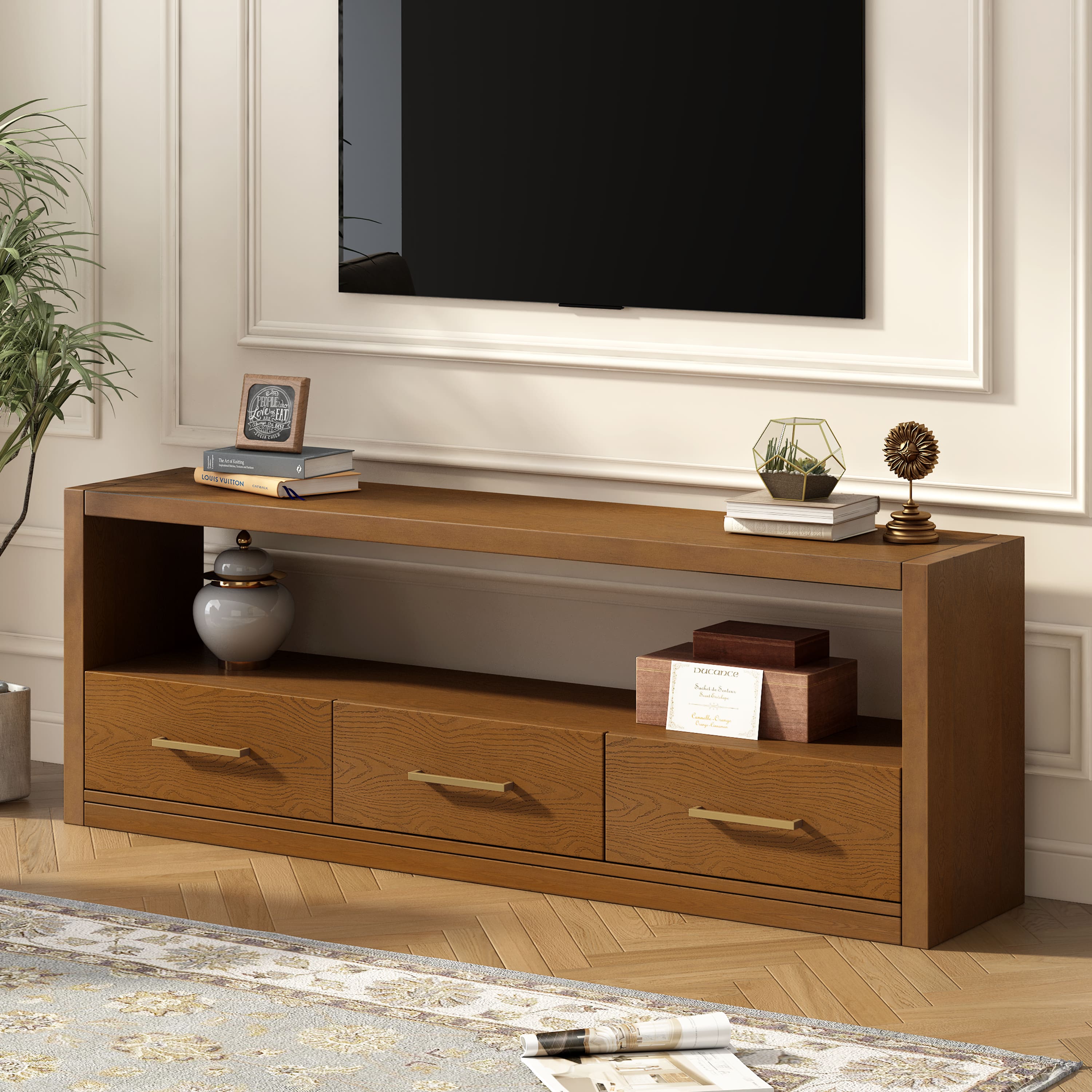 APRILSOUL - Mirod Stylish TV Stand with Three Drawers Minimalist Metal Handles TV Console/Side Cabinet - Brown