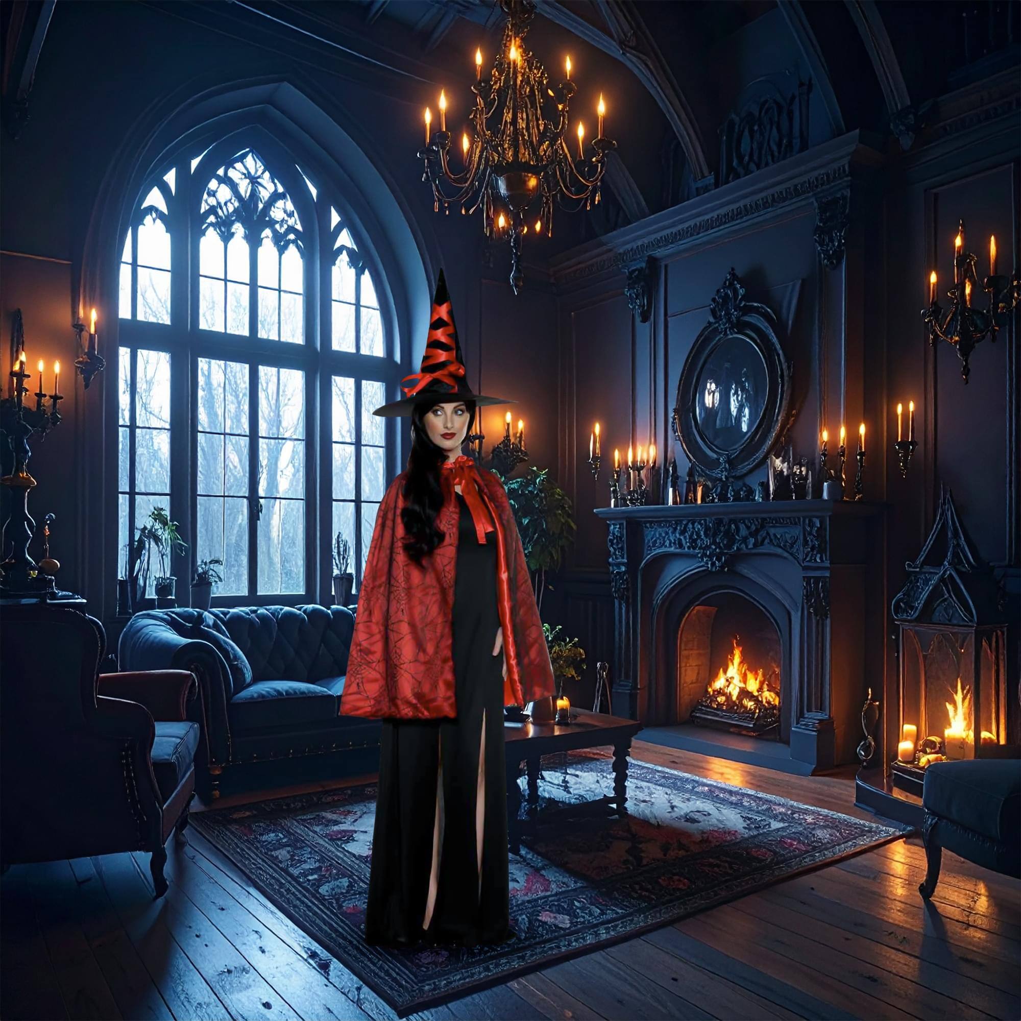 Alt View 1. Underwraps - Red Witch Cape and Hat Adult Costume Set | Standard - Red.