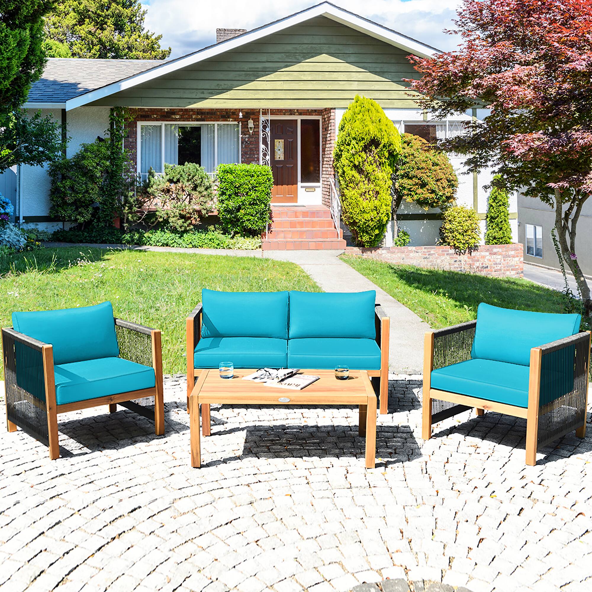 Alt View 1. Costway - Costway 4PCS Wooden Patio Furniture Set Cushioned Sofa W/Rope Armrest - Turquoise.