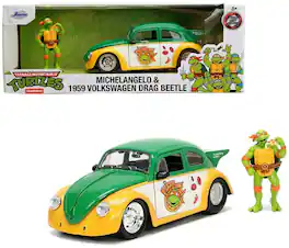Jada Toys - 1:24 VW Drag Beetle with Teenage Mutant Ninja Turtle Michelangelo Figure - Collectibles - Multicolor