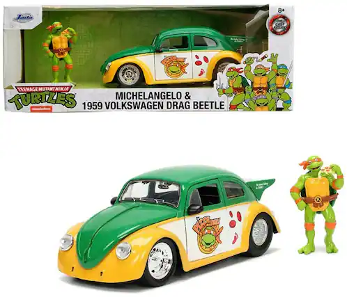 Jada 8+ DIE CAST FIGURE TEENAGE MUTANT NINJA TURTLES Michelangelo & 1959 VOLKSWAGEN DRAG BEETLE