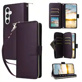 Dteck - Crossbody Wallet Case for Samsung Galaxy S25 FE, Shockproof Zipper Pocket PU Leather Folio Cover with 9 Card Slots - Darkpurple