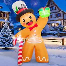 PARKER SLATER - 6FT Gingerbread Christmas Inflatable – LED Yard Decor with Gift Box & Candy Cane - Yellow