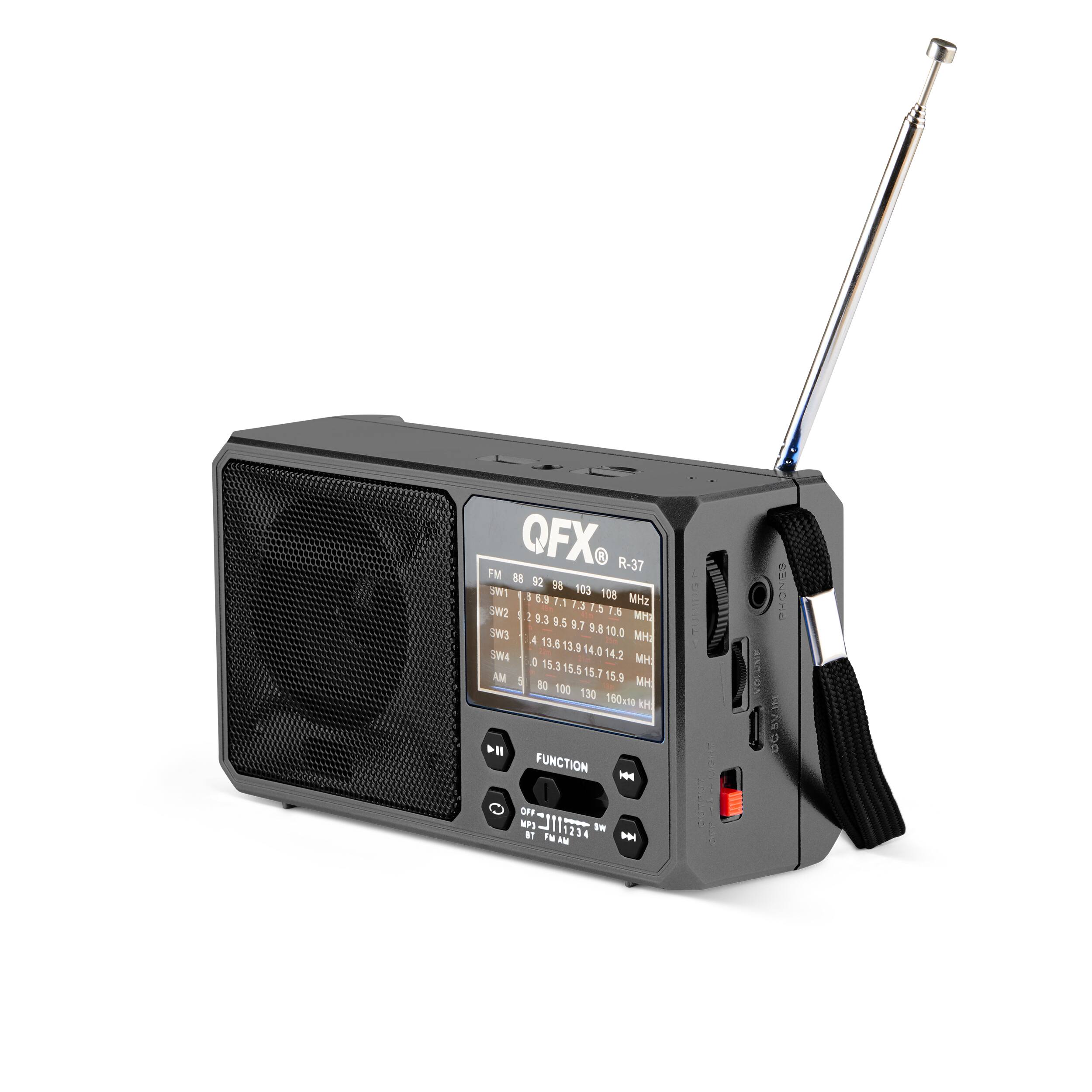Angle. QFX - Portable Solar Rechargeable 6-Band Radio with Bluetooth and Flashlight and AM/FM/SW - Black.