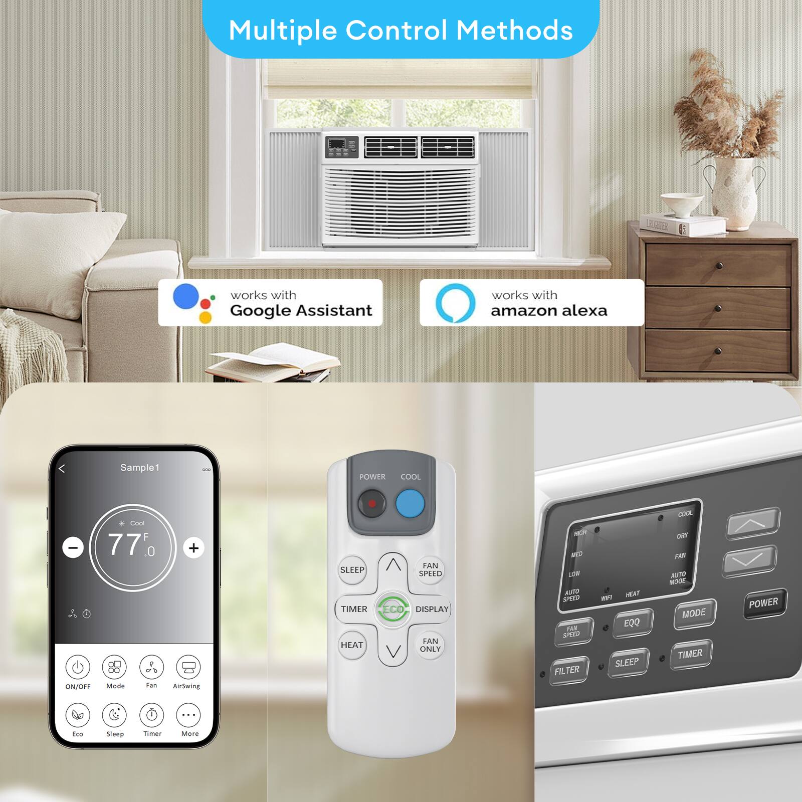 Multiple Control Methods  
works with Google Assistant  
works with amazon alexa  

Sample1  
Cool F - 77 0.  
ON/OFF  
Made Tan Aubwing SEFFP TIMER HEAT FAN SPEED ECO DISPLAY FAN ONLY NEM MED LOW AUTO SDD PE SPEED FILTER -F MAT EQQ SLEEP COOL DIY FA AUTO MOOE MODE TIMER POWER e Eco Sneep Timar More