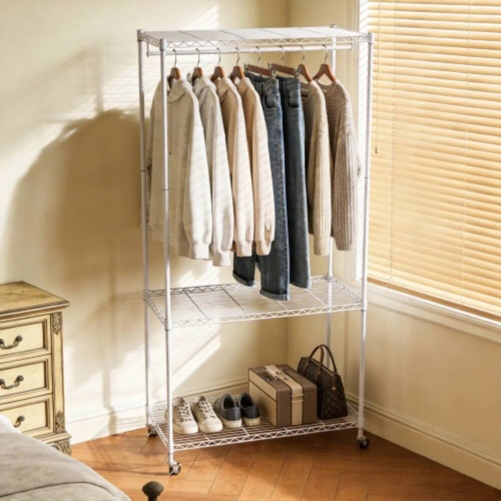 Angle. LUCKY ONE - 73.2" H Heavy Duty Rolling Garment Rack w/ 3-Tier Shelves Freestanding - White.