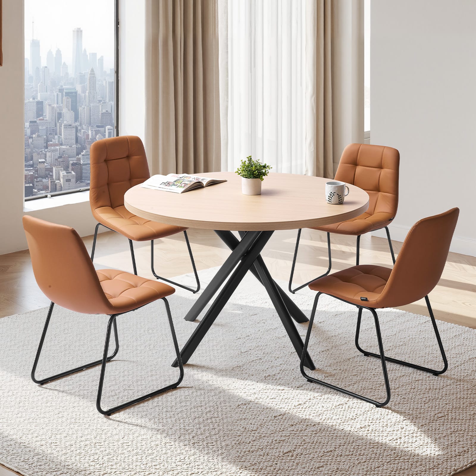 VEVOR - 5-Piece Dining Table Set, Space-Saving Round Kitchen Table with 4 Upholstered Orange Chairs, PU Leather Cushions - Natural Wood Tone,Orange