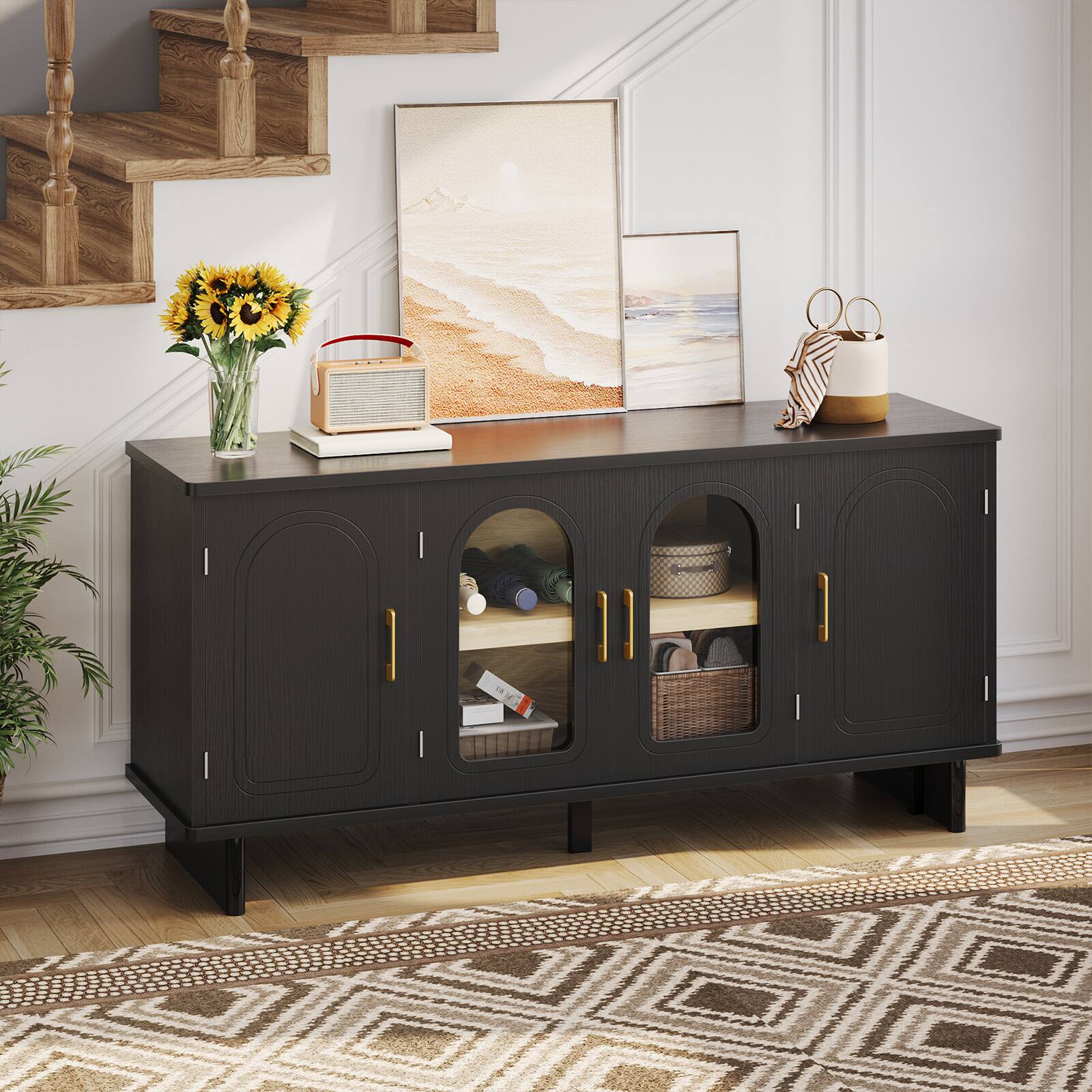 Alt View 3. Bestier - 59 Inch Mid-Century Modern TV Stand with Arched Fluted Glass Doors & Adjustable Shelving - Black Grained.