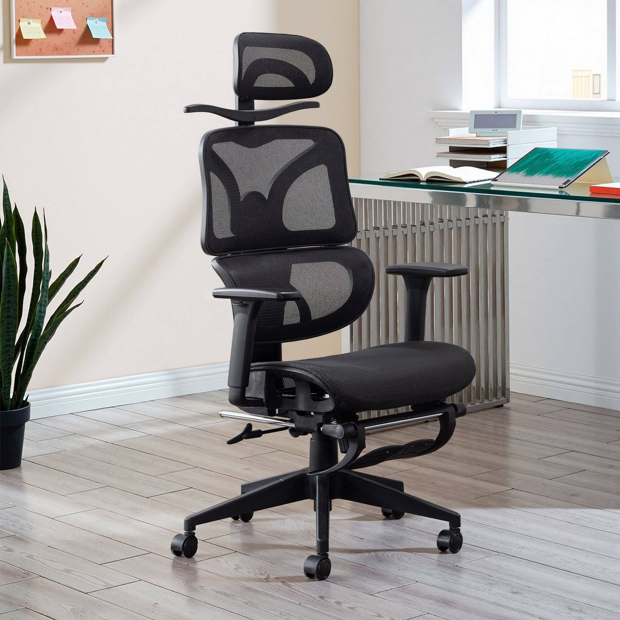 Front. Vecelo - Black Heavy Duty Office Chair with Footrest&Head/Lumbar Support-Ergonomic Gaming Chair,Adjustable Height&Breathable Mesh - Black.