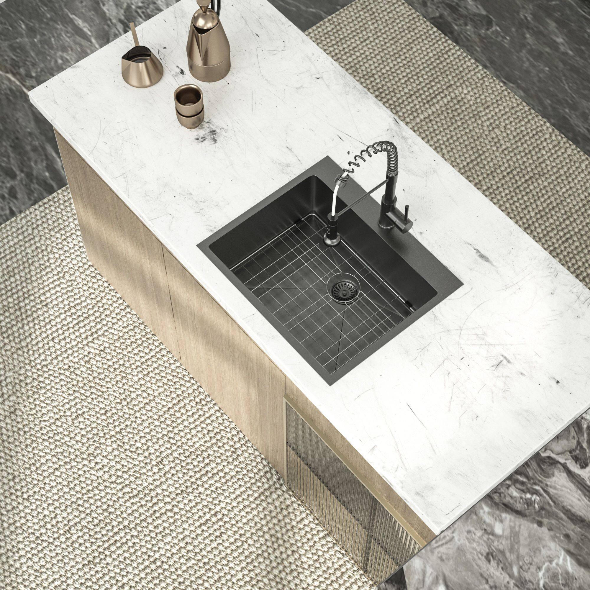 Left. Lordear - 25"x22"x10" Topmount Gunmetal Black Sinks 16 Gauge Single Bowl Stainless Steel Kitchen Sink - Stainless steel.