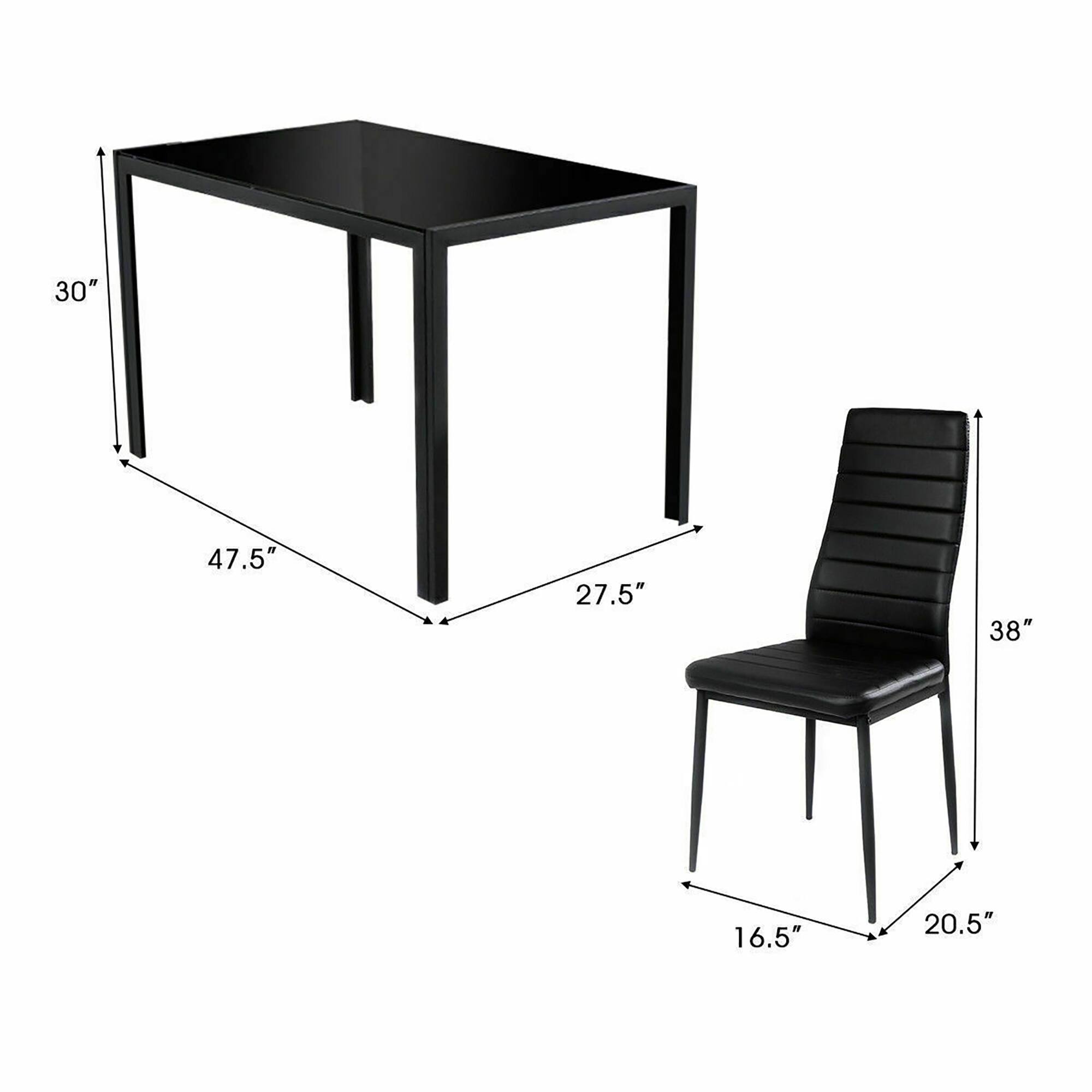 The table is 30 inches tall, 47.5 inches wide, and 27.5 inches deep. The chair is 38 inches tall and 16.5 inches wide. The table is 20.5 inches tall.