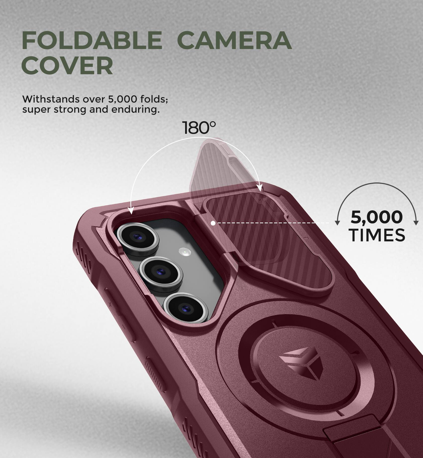 FOLDABLE CAMERA COVER
Withstands over 5,000 folds; super strong and enduring.
180°
5,000 TIMES