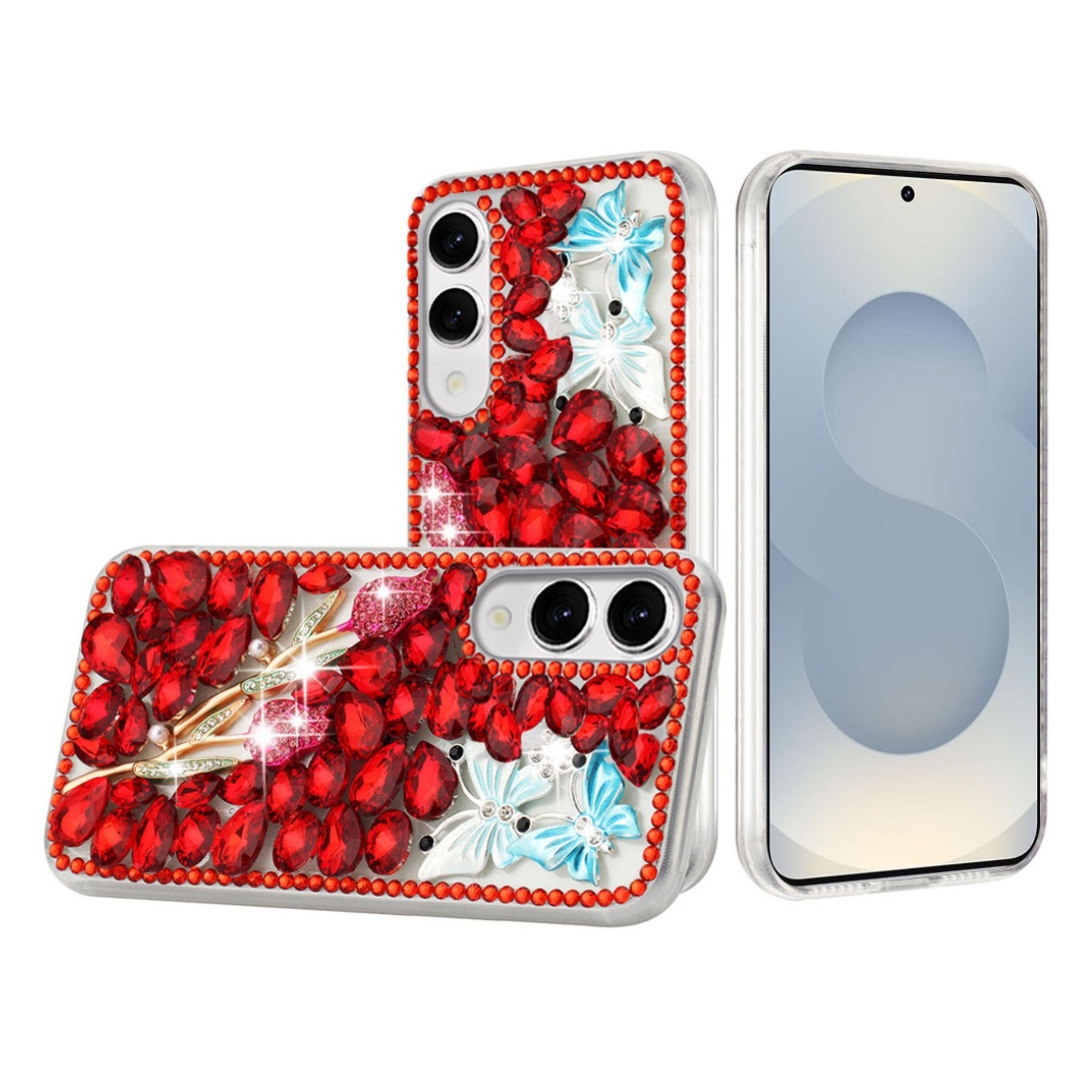 Angle. Kitcheniva - Full Diamond Bling 3D Jewel Ornaments With Tempered Glass For Samsung Galaxy S25 Edge Red Exquisite Garden - Multicolor.