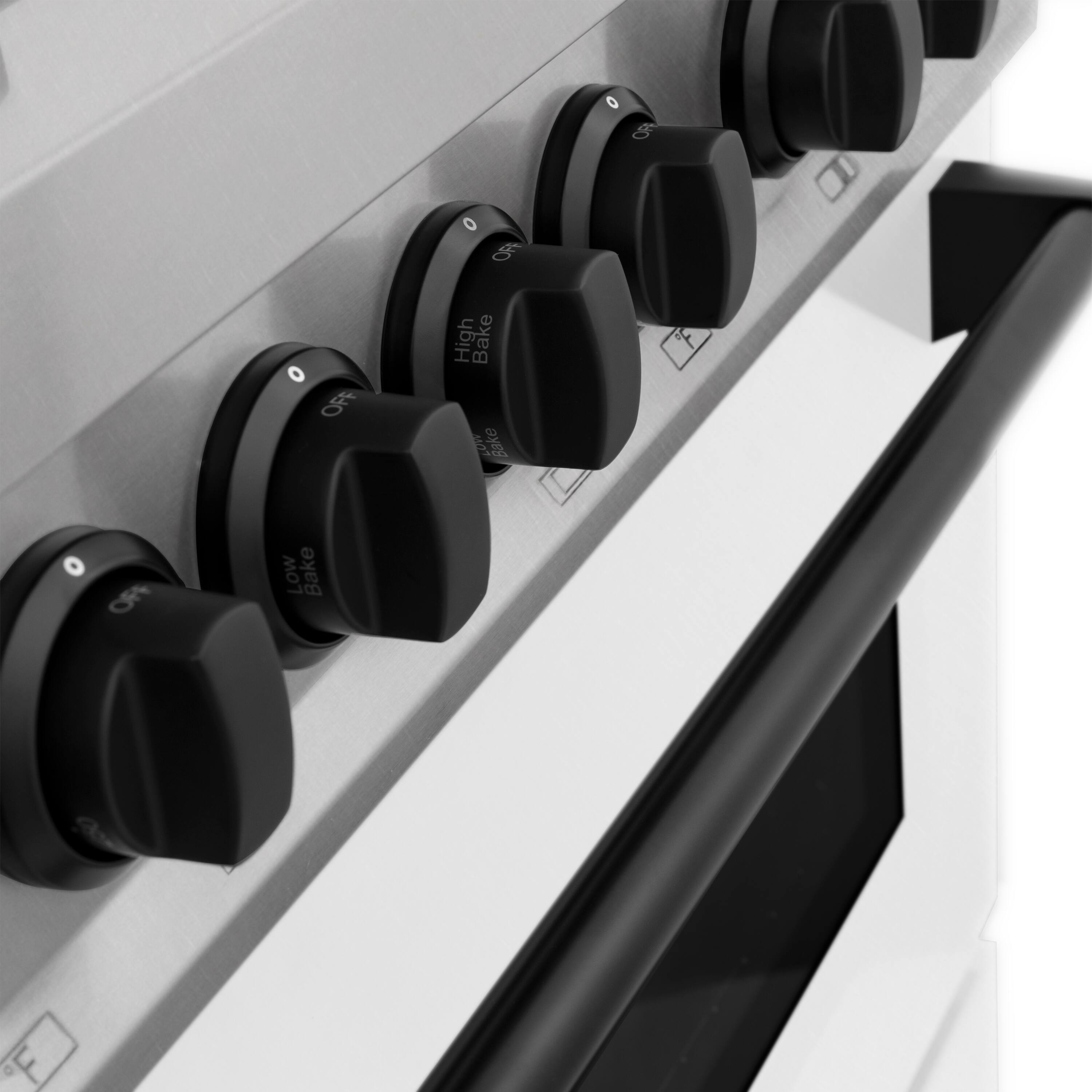 The image shows a close-up view of a stove with six knobs, each with a different function. The knobs are labeled with the corresponding temperature settings, such as "Off," "High Bake," "Low Bake," and "Bake." The knobs are arranged in a row, with one knob on the left, two knobs in the middle, and three knobs on the right. The stove appears to be a modern, digital appliance with a sleek design.