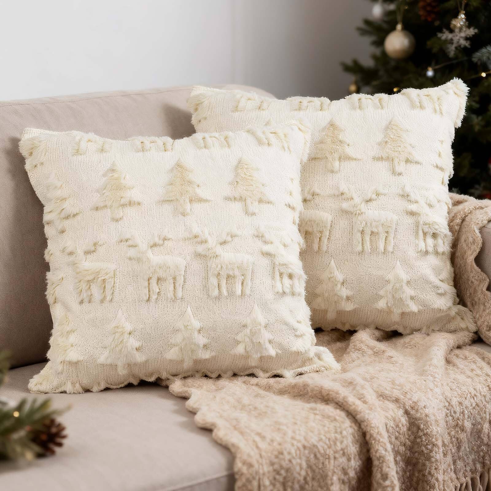 Stylel Star - ONFAON Christmas Decorations -Christmas Pillow Covers 18 x 18 Inches Set of 2,Soft Plush Faux Fur Wool Beige Xmas Tre - Christmas19