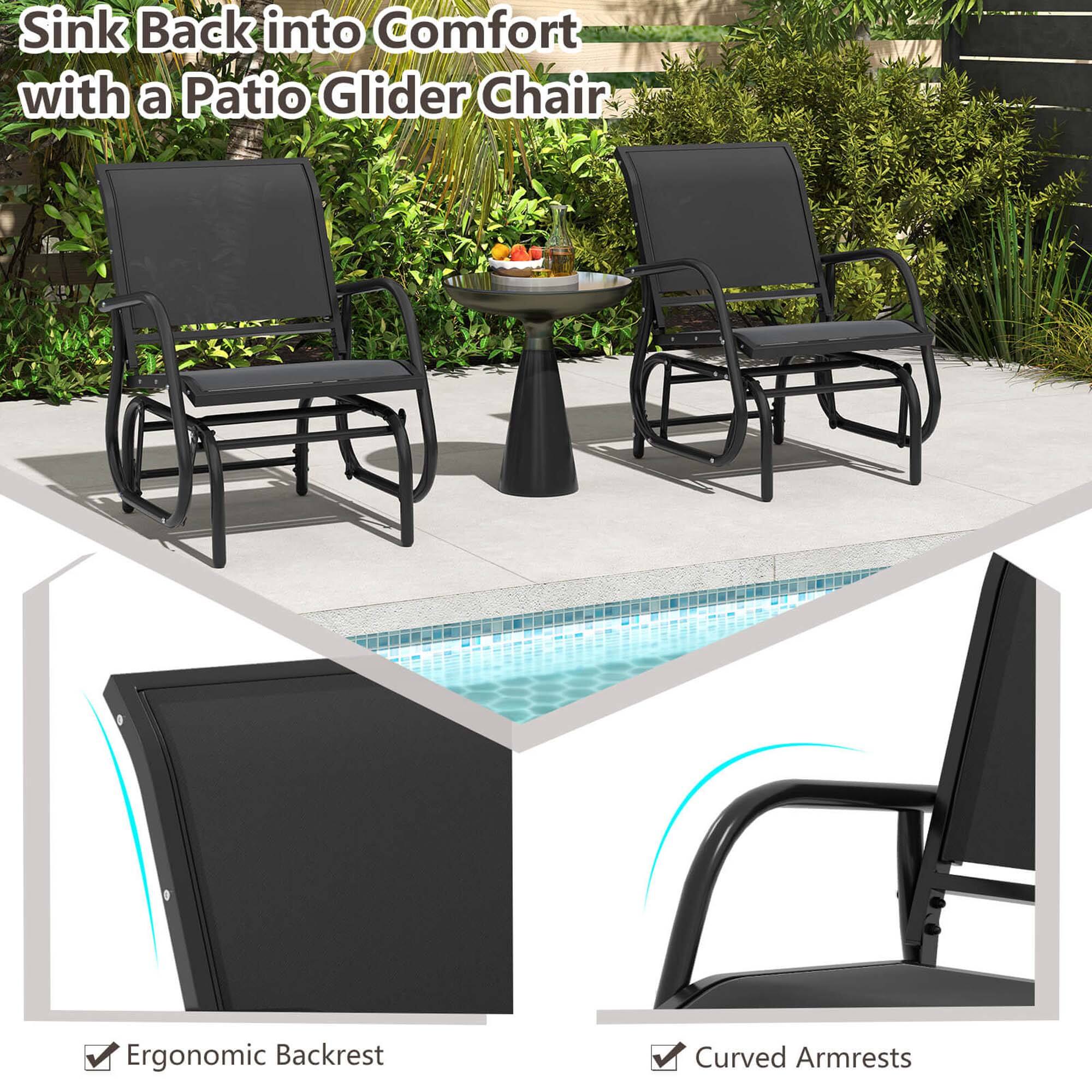 Sink Back into Comfort with a Patio Glider Chair. Ergonomic Backrest, Curved Armrests.