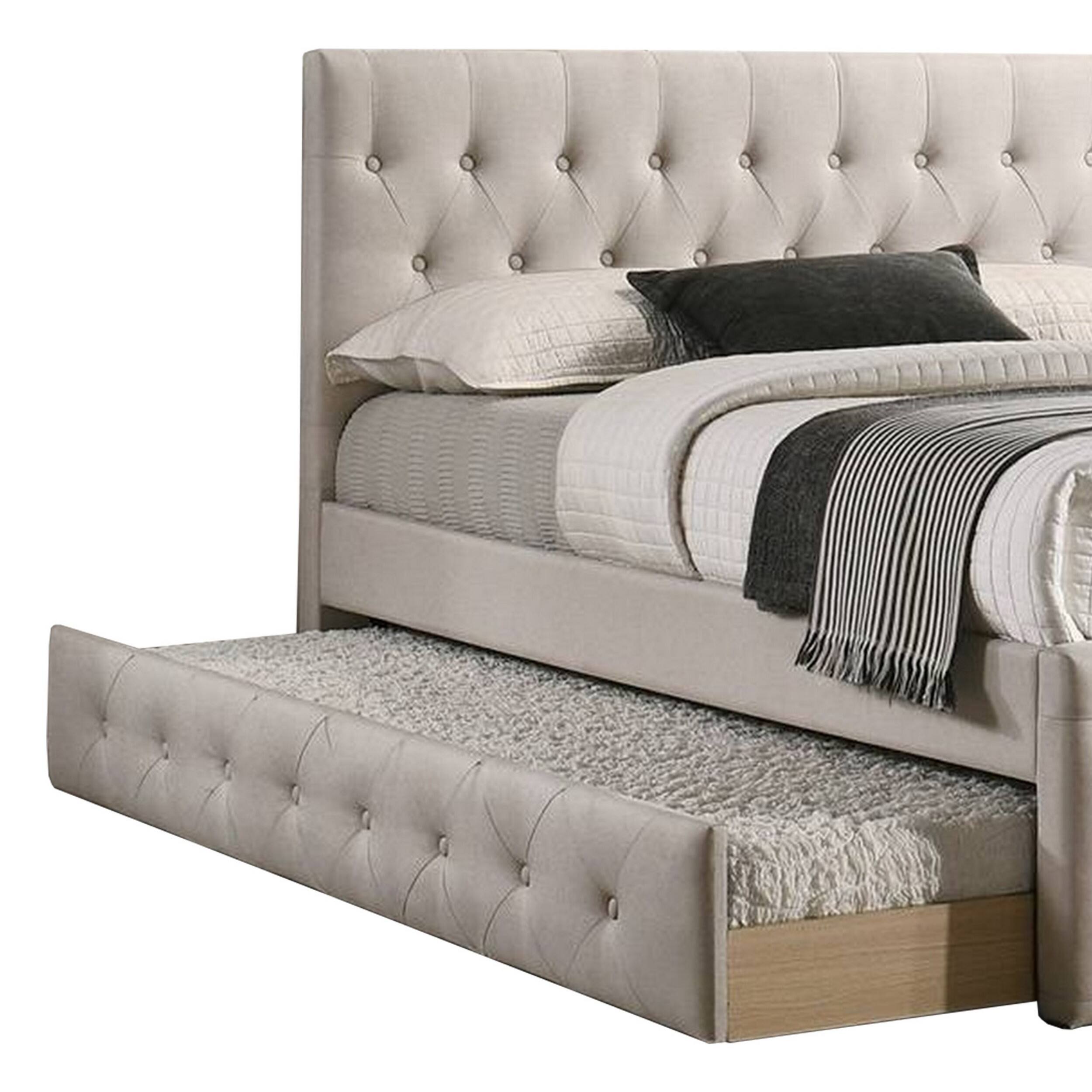 Alt View 1. Manhattan Lane - Nek Wood Full Size Upholstered Bed with Twin Trundle, Taupe Burlap Frame - Taupe.