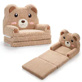 Costway - 2-in-1 Foldable Kids Sofa Bed Convertible Lounger with Washable Removable Slipcover - Brown Bear