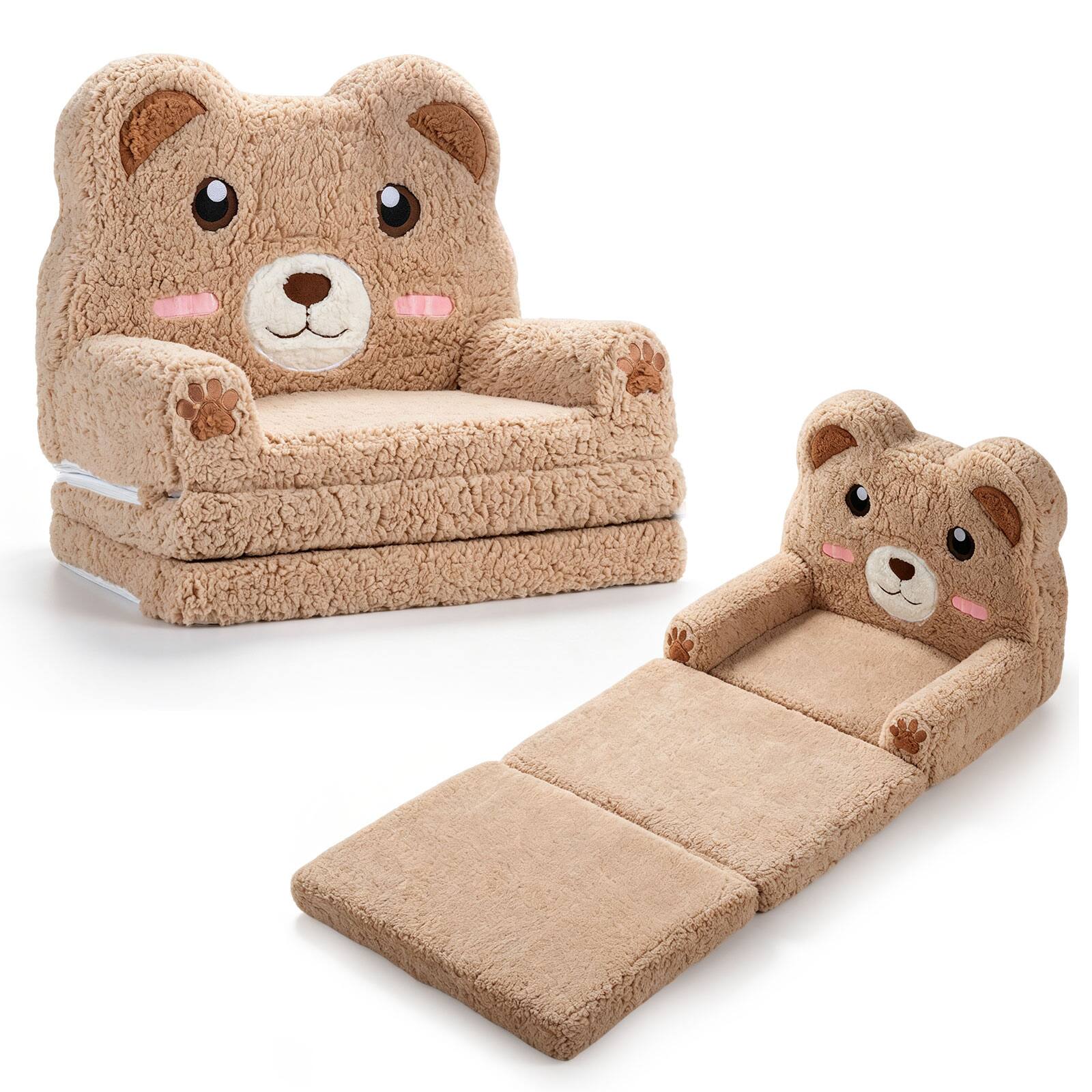 Front. Costway - Costway 2-in-1 Foldable Kids Sofa Bed Convertible Lounger with Washable Removable Slipcover Brown Bear - Brown Bear.