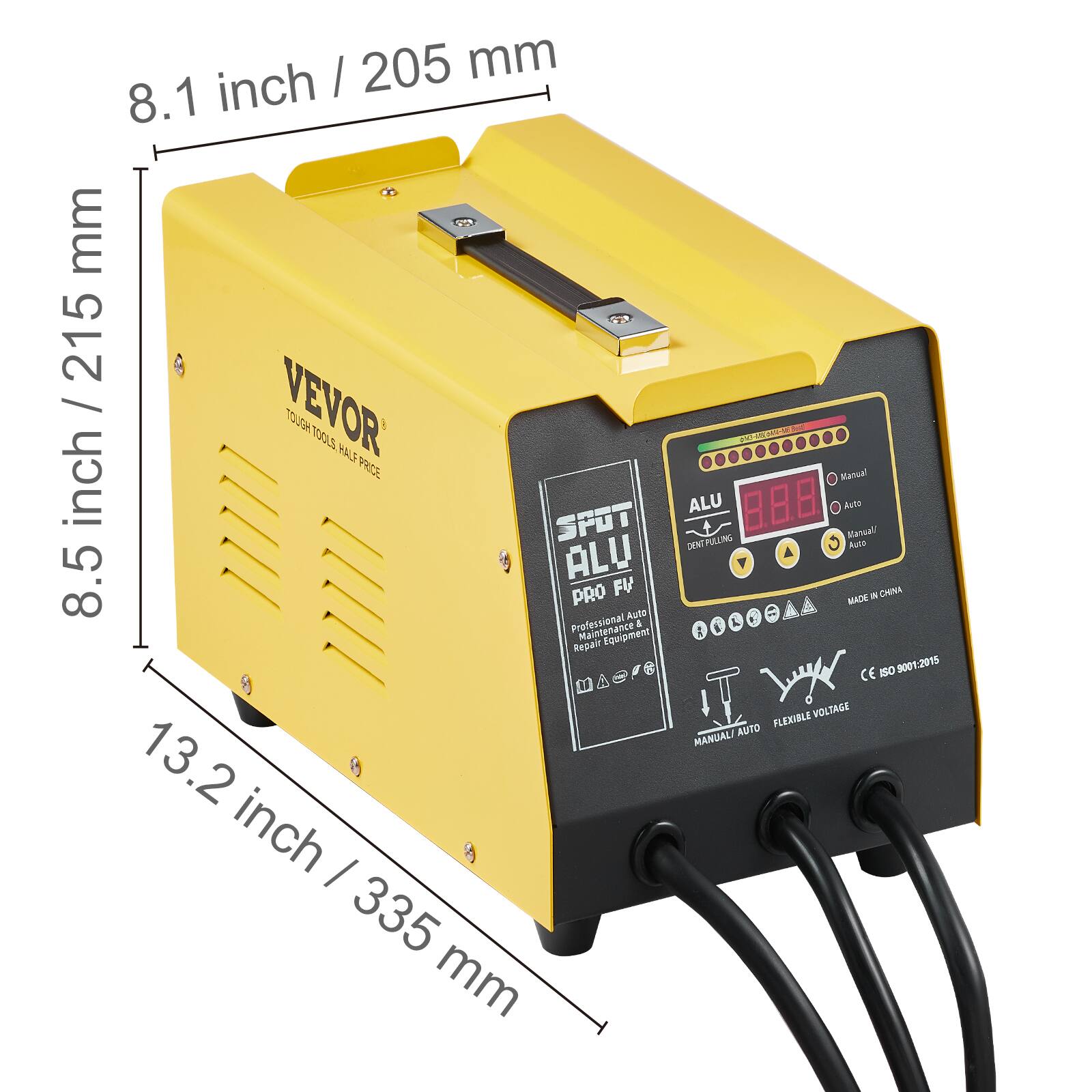 VEVOR  
TOUGH TOOLS, HALF PRICE  

SPUT ALU PRO FV  
Professional Auto Maintenance & Repair  

ALU  
8.88  
Manual Auto Manual  

MADE IN CHINA  

CE ISO 9001:2015  

8.1 inch / 205 mm  
8.5 inch / 215 mm  
13.2 inch / 335 mm  

MANUAL / AUTO  
FLEXIBLE VOLTAGE