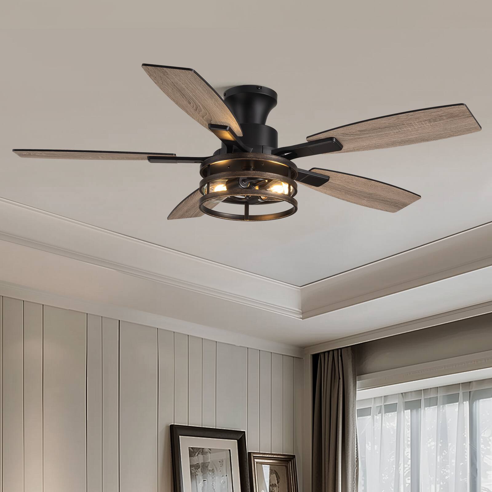 Angle. Siljoy - 52 Inch Farmhouse Flush Mount Ceiling Fan with Light, 5 Reversible Wood Blades  Remote Control for Bedroom Living Room - Brown.