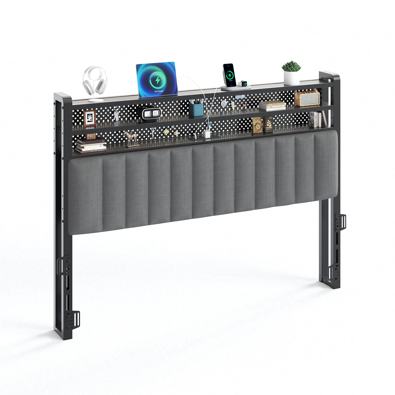 Winado - King Size Adjustable Upholstered Headboard Only with 3 Tier Shelves and Pegboard with Charging Stations and LED Lights - Linen & Dark Gray