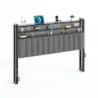 Front. Winado - Queen Size Adjustable Upholstered Headboard Only with 3 Tier Shelves and Pegboard with Charging Stations and LED Lights - Linen & Dark Gray.