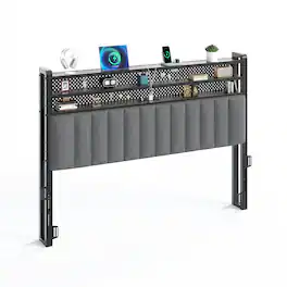 Winado - Queen Size Adjustable Upholstered Headboard Only with 3 Tier Shelves and Pegboard with Charging Stations and LED Lights - Linen & Dark Gray