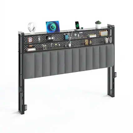 Front. Winado - Queen Size Adjustable Upholstered Headboard Only with 3 Tier Shelves and Pegboard with Charging Stations and LED Lights - Linen & Dark Gray.