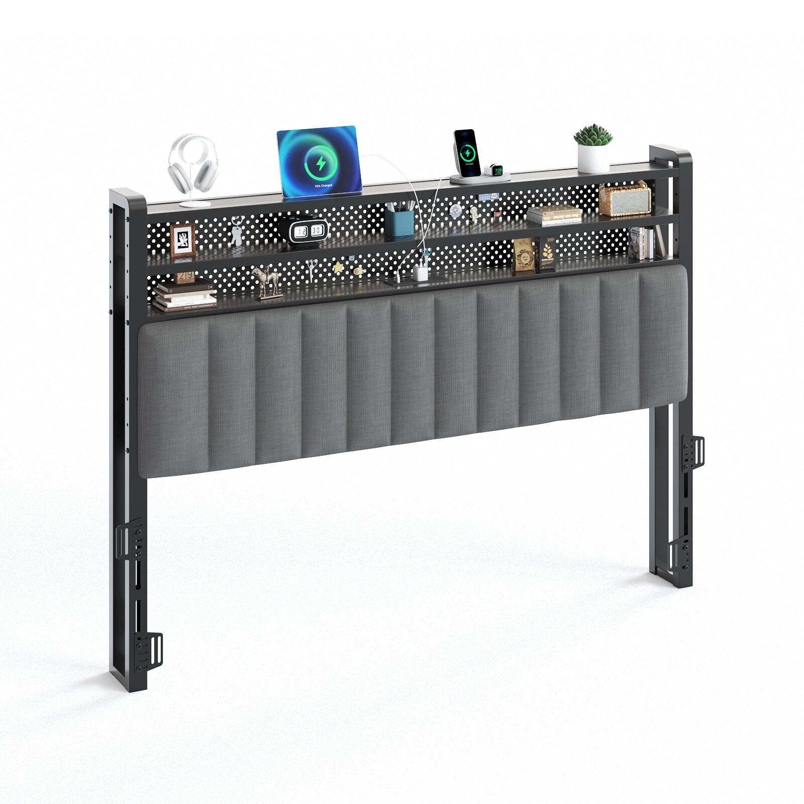 Front. Winado - Queen Size Adjustable Upholstered Headboard Only with 3 Tier Shelves and Pegboard with Charging Stations and LED Lights - Linen & Dark Gray.