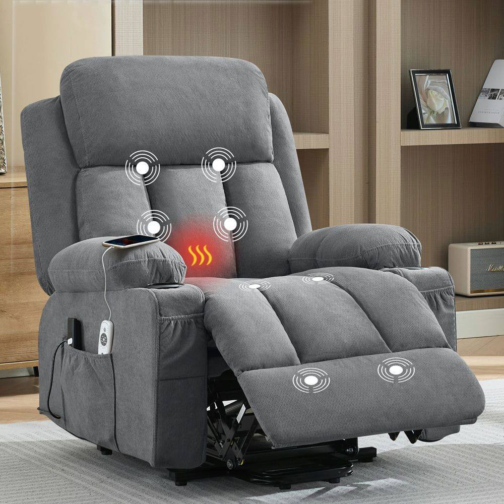 Alt View 5. Kadyn - Power Lift Recliner with Heat & Massage, Electric Fabric Recliner with Side Pocket & USB Port - Gray.