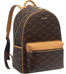 Max Studio - 17 Inch Pebble Grain Signature Print Backpack - Chocolate Brown/Tan