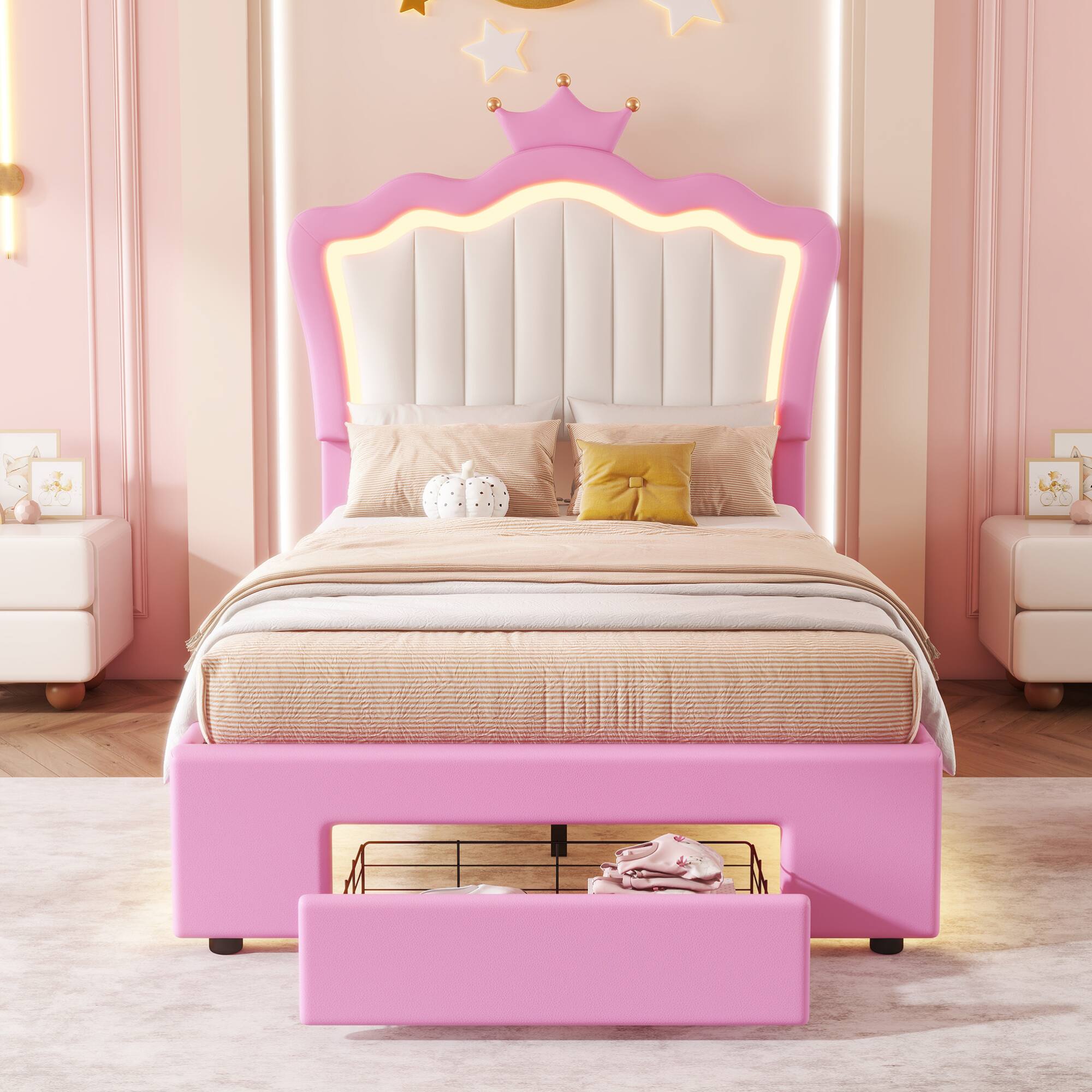 Alt View 5. GOODSILO - Twin Size Upholstered Platform Bed with LED Lighting and Storage Drawer, Modern Crown Headboard Design for Bedroom Decor - Pink+White.