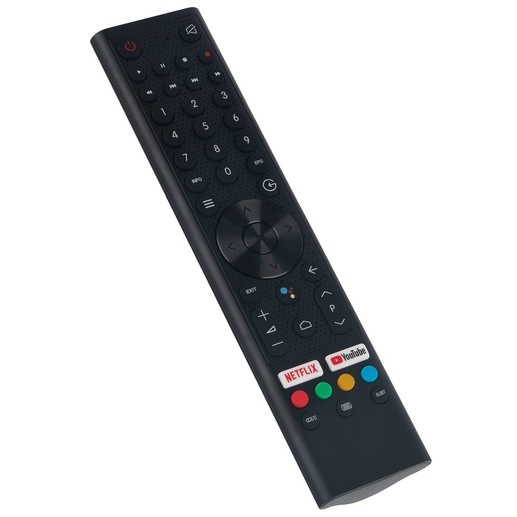 Sure, here is the corrected and grouped text from the image:

**Top Section:**
- Power (red button)
- YouTube (logo)
- Netflix (logo)

**Number Pad:**
- 1 2 3
- 4 5 6
- 7 8 9
- 0

**Middle Section:**
- Info
- EPG
- Exit
- YouTube (logo)
- Netflix (logo)
- Subt (subtitle)

**Bottom Section:**
- DVD
- Netflix (logo)
- YouTube (logo)
- Subt (subtitle)