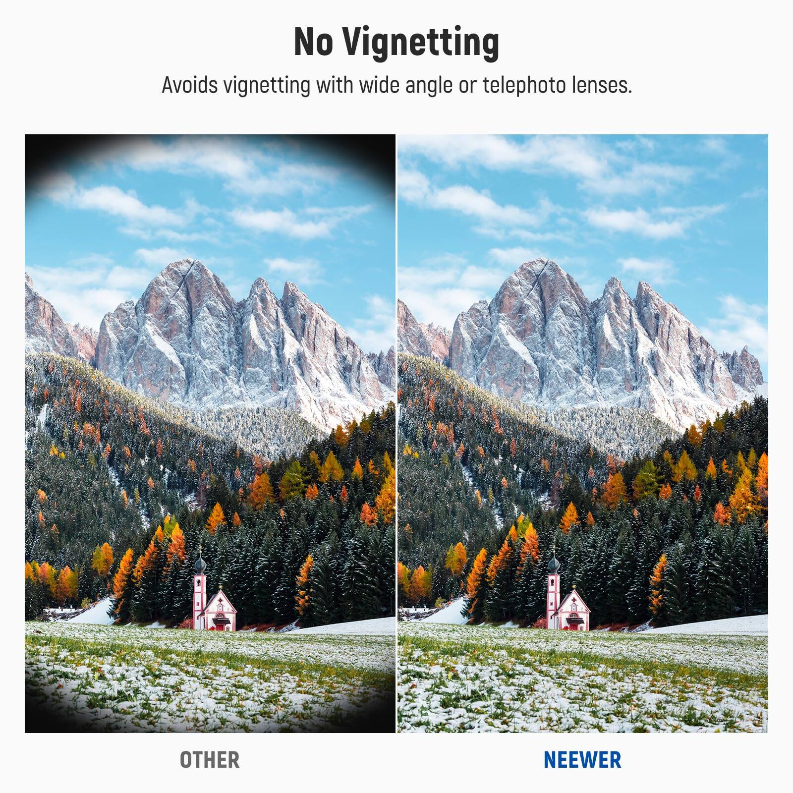 No Vignetting  
Avoids vignetting with wide angle or telephoto lenses.

OTHER

NEEWER