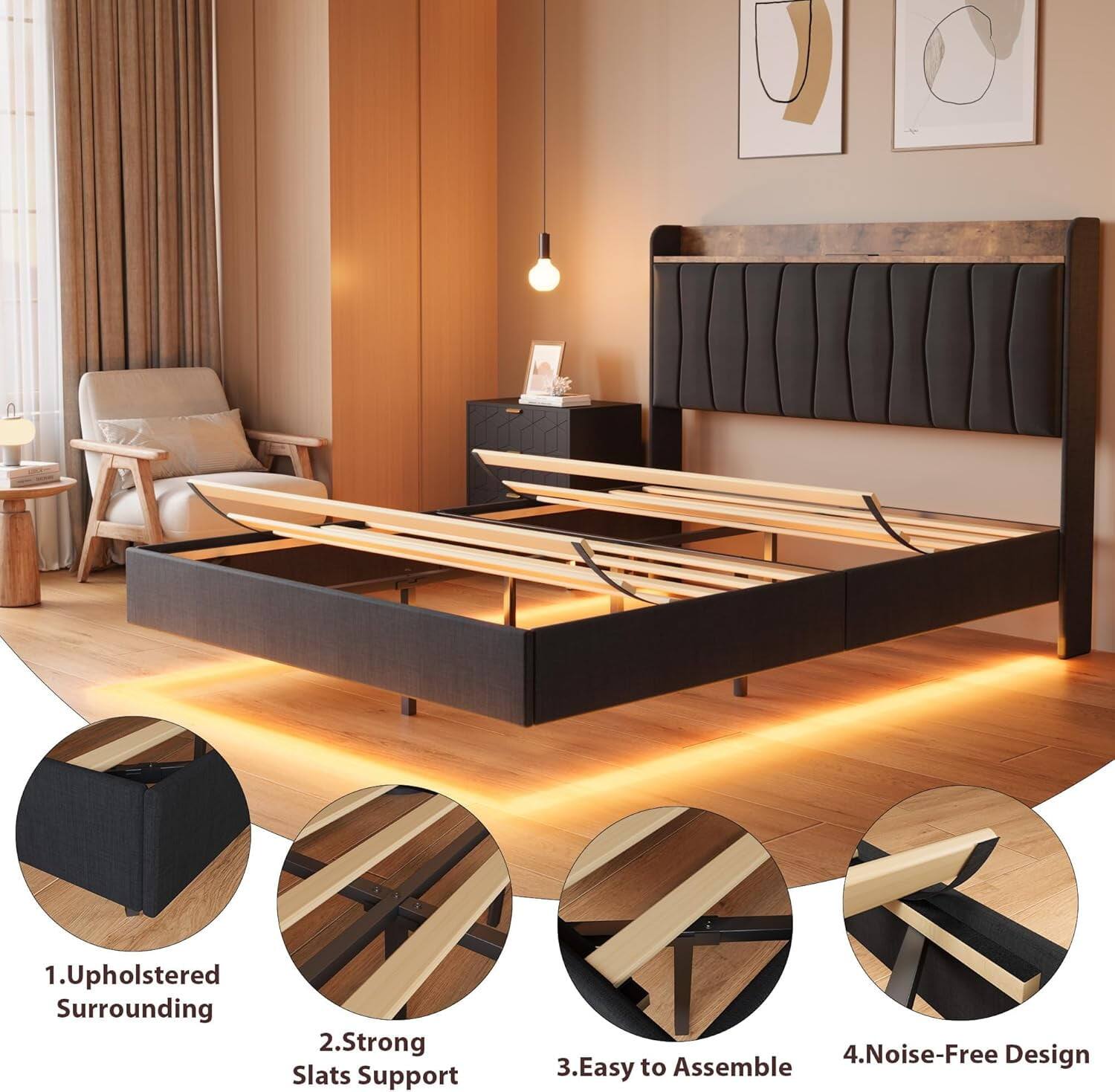 1. Upholstered Surrounding  
2. Strong Slats Support  
3. Easy to Assemble  
4. Noise-Free Design