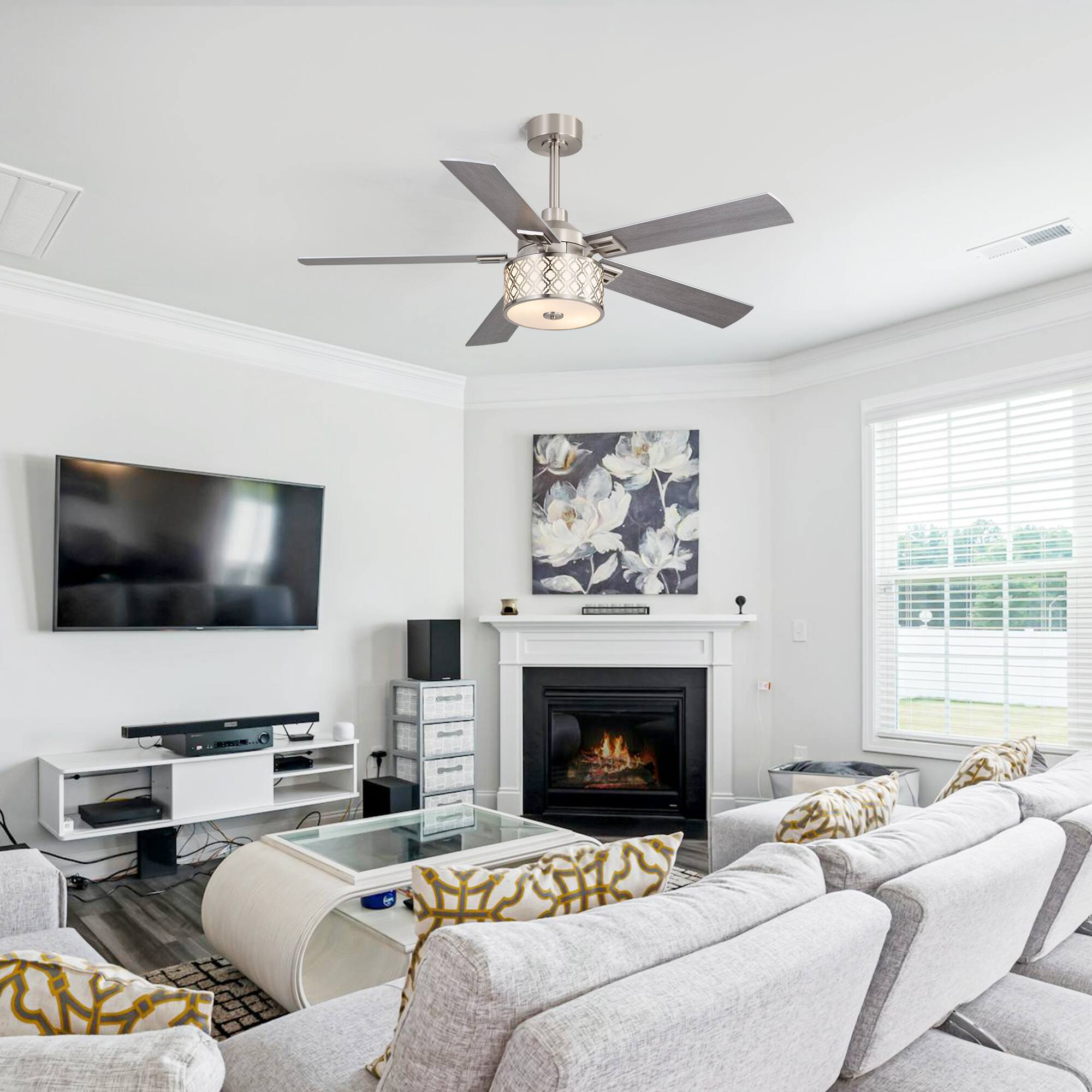 Back. Breezary - 52-Inch Ceiling Fan with Light Fixture, 5 Reversible Plywood Blades, DC Remote Control, 5/10-Inch Downrods, Indoor Use - Satin Nickel with Silver and Woodgrain.